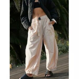 Free People Movement jogger pants pockets buckle belt beige